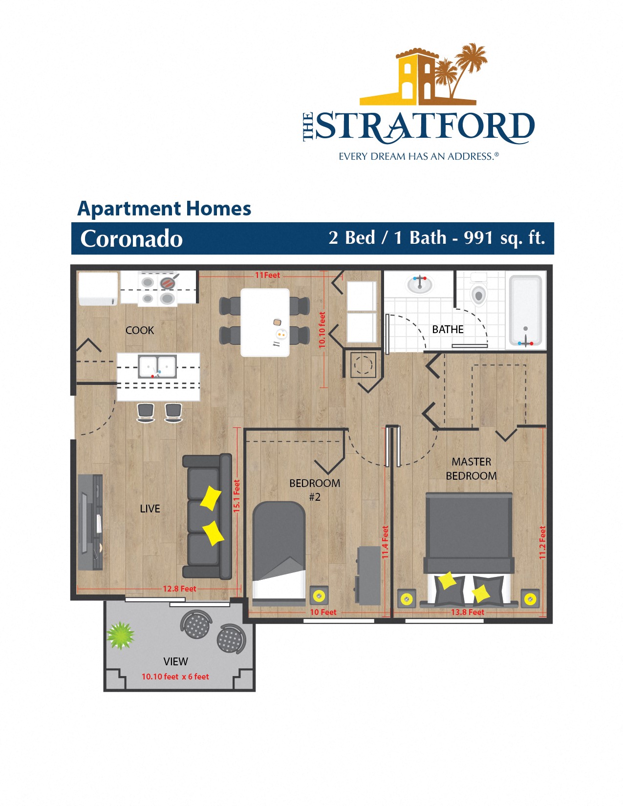 Floor plan for 2 beds, 1 bath, 991 sqft